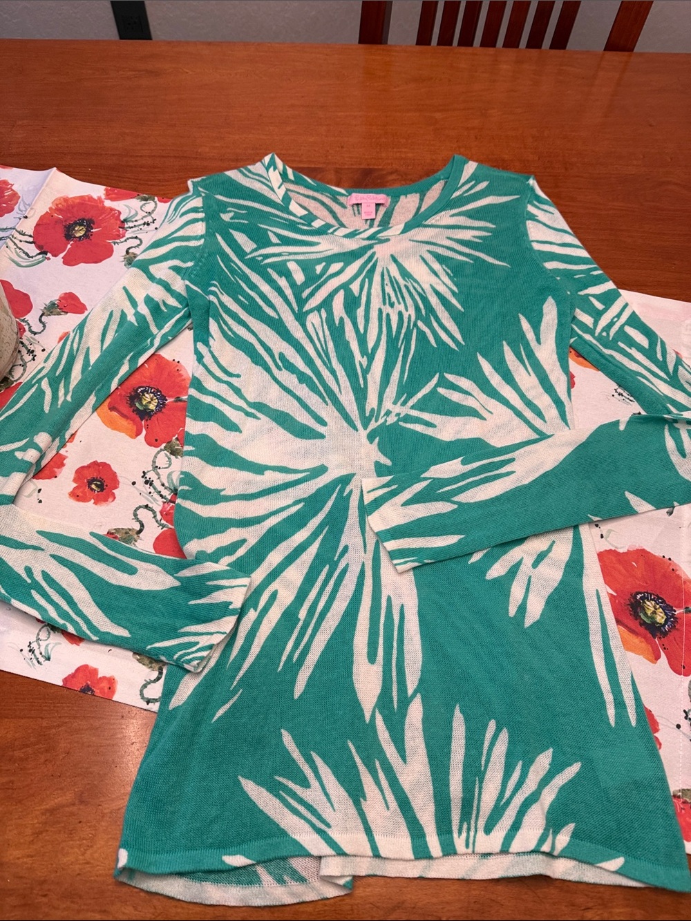 Teal & White Palm Print Long Sleeve Top